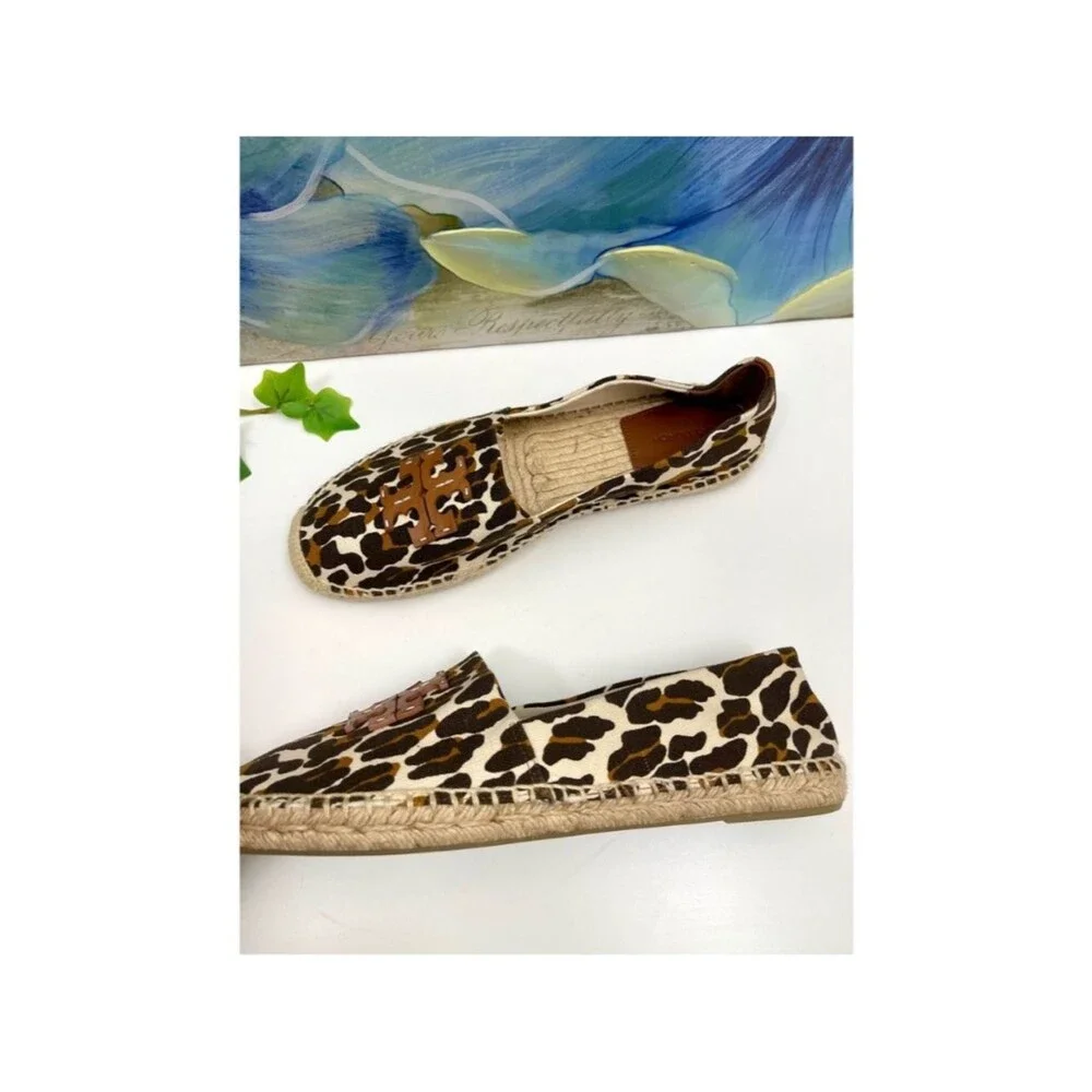 New Tory Burch Ines Leopard Print Canvas Espadrille Flats Brown Tan Women 9.5